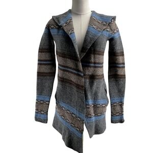 Toad&Co Sweater Cardigan Womens M Gray Striped 100% Wool Hooded Open Pockets
